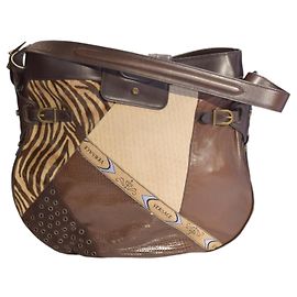 Borsa a spalla in pelle patchwork con pelo di pony e stampa animale Gianni Versace vintage anni '90