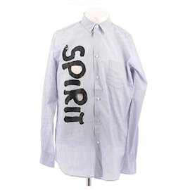Comme Des Garcons Blau Gestreiftes Hemd mit schwarzer Schrift L