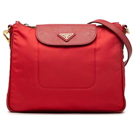 Borsa a tracolla in tessuto con rifiniture Saffiano rosse di Prada