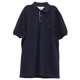 Polo a maniche corte in cotone blu navy con logo ricamato Brunello Cucinelli
