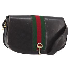 Borsa a spalla in pelle Sherry Line Horsebit Web GUCCI marrone scuro oro Auth ep13957