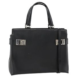 Borsa a mano in pelle Gancini Salvatore Ferragamo 2 in 1 Nero Argento Auth AMZ445