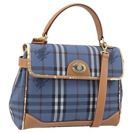 Burberrys Nova Check Handtasche PVC 2-Wege Blau Gold Auth ARZ085
