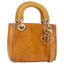 Lady Dior Trotter Canvas Handtasche Christian Dior 2 in 1 Gelbgold Auth ARZ504