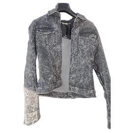 Philipp Plein Chaqueta de mezclilla con tachuelas y detalles de cuero en las mangas