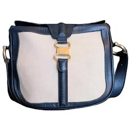 Borsa Céline in pelle blu navy e tela beige