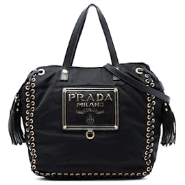 Borsa Prada in tessuto nero con logo Whipstitched Oro e nappina.