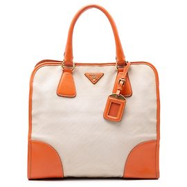 Borsa in tela Canapa beige con rifiniture in Saffiano di Prada