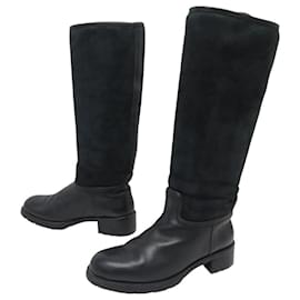 SCARPE HERMES BOOTS CAVALIERI 36 IN PELLE NERA E SUEDE FODERATE - Hermès