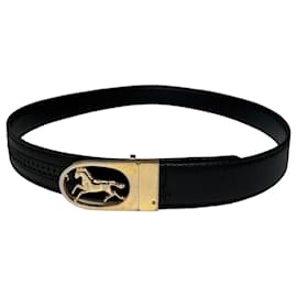 Schwarzer Leder Gürtel mit Vintage Celine Paris Kutschenlogo - Céline