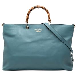 Borsa shopper grande in pelle di vitello blu con bambù Gucci