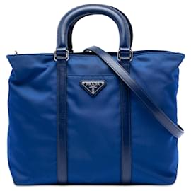 Borsa a mano Prada blu in tessuto con rifiniture in vitello