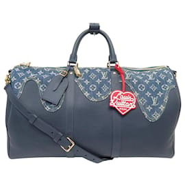 NUOVO BORSO A MANO LOUIS VUITTON KEEPALL 50 X NIGO M45975 CANVAS DENIM BLU PELLE
