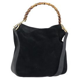 GUCCI Bamboo Handtasche Wildleder 2way Schwarz Gold 001 2404 1638 Auth 173894
