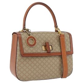 Céline Bolsa de mão circular em lona Macadam CELINE PVC 2 em 1 Bege Ouro Auth AMZ333A