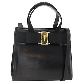Borsa a mano in pelle Vala Ribbon di Salvatore Ferragamo 2 in 1 Nero Oro Auth ka3380
