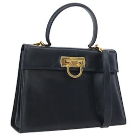 Borsa a mano in pelle Gancini Salvatore Ferragamo 2 in 1 Blu Navy Oro Auth AMZ378