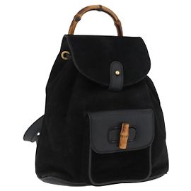 Mochila de Cuero Gucci Bamboo Negra Dorada 003 3444 0030 Auth LNZ554