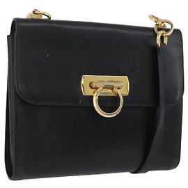 Borsa a Spalla Gancini in Pelle Nera e Oro Salvatore Ferragamo Auth LNZ598