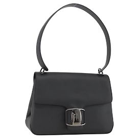 Borsa a Spalla Vala in PVC Canvas Nero Argento di Salvatore Ferragamo Auth gh1939