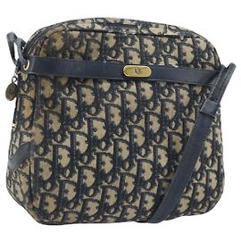 Borsa a Spalla in Tela Trotter Christian Dior Blu Navy Oro Auth AMZ494A