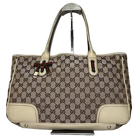 Borsa a mano in tela monogramma Gucci vintage beige e marrone in pelle