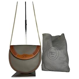 Borsa a spalla in pelle e tela Dior vintage grigia e marrone