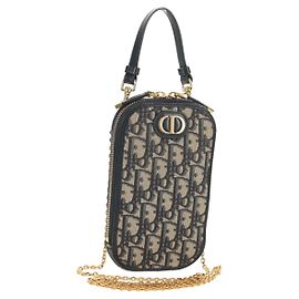 Porta telefono in tela Trotter Christian Dior con catena Montaigne, blu, autentico 154027M