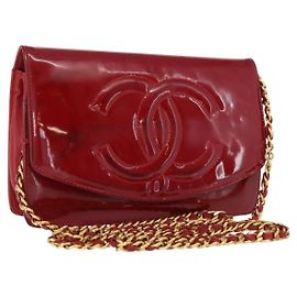 CHANEL COCO Borsa a Spalla Mark Chain Pelle Verniciata Rossa Oro CC Auth 165902A