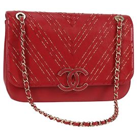 CHANEL Borsa a Spalla in Pelle di Agnello con Catena V Stitch Rossa Oro CC Auth 126605SM