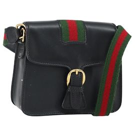 Gucci Web Sherry Line Schultertasche Leder Schwarz Rot 007 1274 0230 Auth 162391V