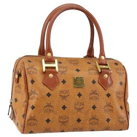 MCM Vicetos Logogram Borsa a Mano PVC Marrone Oro Auth BA7030