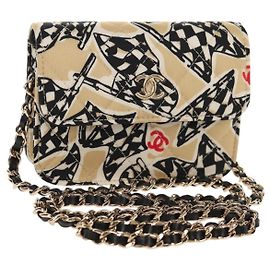 Chanel Bolso Matelassé con Cadena Bandera Ajedrez Satén Beige Oro CC Auth 145708M