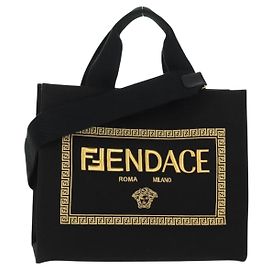 Bolsa tote em canvas FENDI VERSACE Collaboration 2way Preto Dourado Auth BA6912M