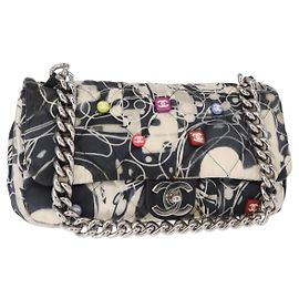 CHANEL Matelassé 25 Borsa a Spalla con Catena Satin Nero Argento CC Auth 152608V