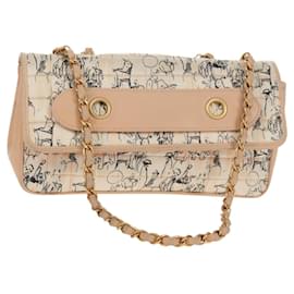 CHANEL Borsa a Catena Choco Bar Line Pelle Cotone Beige Oro CC Auth 152448V