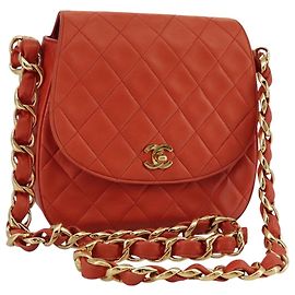 CHANEL Borsa a Spalla Matelassé in Pelle di Agnello Arancione Oro CC Auth 107881SAV