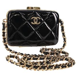Borsa a Spalla con Catena CHANEL Pelle Verniciata Nera Oro CC Auth 134911SAM