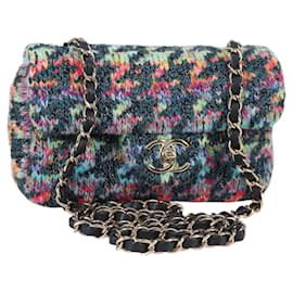 Borsa a Spalla con Catena CHANEL Tweed Blu Oro CC Auth 134856SM