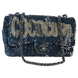 Borsa a Spalla CHANEL Paillettes Blu Argento CC Auth 138088SM