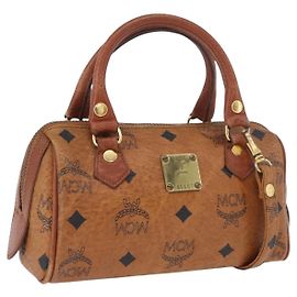 Borsa Boston Mini Logogram Vicetos MCM in pelle PVC 2 in 1 marrone oro Auth LNZ803
