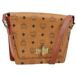Borsa a Spalla MCM Vicetos Logogram in Pelle PVC Marrone Oro Auth gh1946