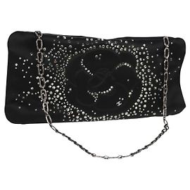 CHANEL Pochette Accessorio Catena Camelia in Strass Satin Nero CC Auth 128040SAV