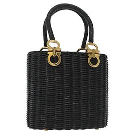 Borsa a mano Gancini in rattan nero e oro Salvatore Ferragamo Auth 138876V