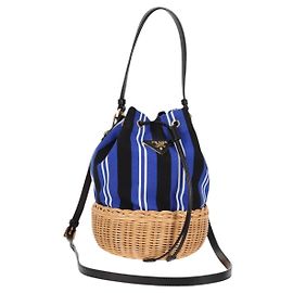 Borsa a mano in rattan PRADA in tela 2way blu oro 1BH115 Auth 138994SM