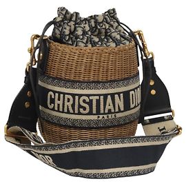 Christian Dior Oblique Korbtasche Rattan Marinebraun Gold Auth BA1114SAM