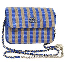 Borsa a Spalla con Catena CHANEL Raffia Blu Beige CC Auth 51139SV