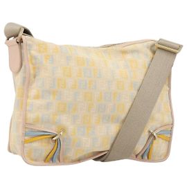 Bolsa de Ombro em Lona Zucchino FENDI Bege Dourado Auth LNZ697