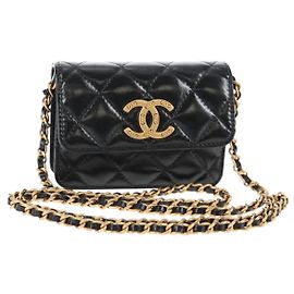 CHANEL Mini Borsa a Spalla Matelassé in Pelle di Vitello Nera Oro CC Auth 142563SAM