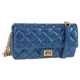 CHANEL 2.55 Borsa a Spalla Matelassé in Pelle di Vitello Blu Oro CC Auth 149291SM